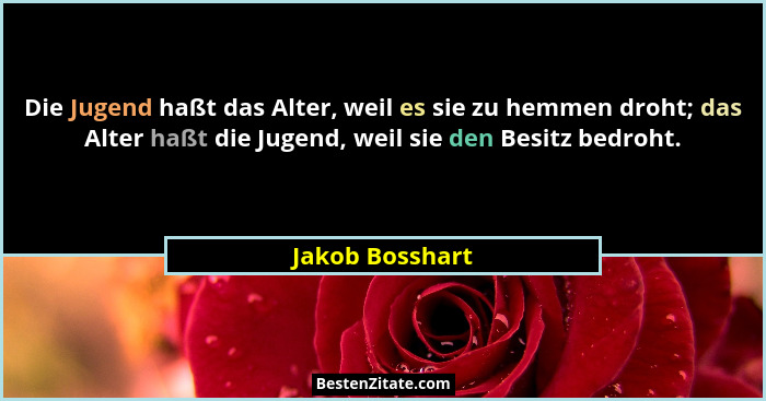 Die Jugend haßt das Alter, weil es sie zu hemmen droht; das Alter haßt die Jugend, weil sie den Besitz bedroht.... - Jakob Bosshart
