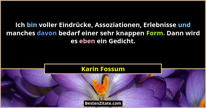Ich bin voller Eindrücke, Assoziationen, Erlebnisse und manches davon bedarf einer sehr knappen Form. Dann wird es eben ein Gedicht.... - Karin Fossum