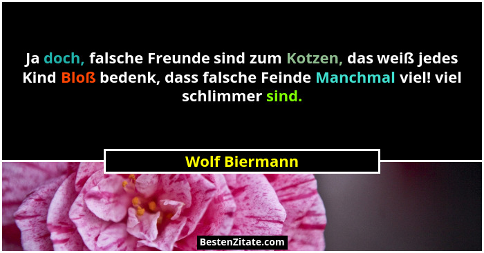 Ja doch, falsche Freunde sind zum Kotzen, das weiß jedes Kind Bloß bedenk, dass falsche Feinde Manchmal viel! viel schlimmer sind.... - Wolf Biermann