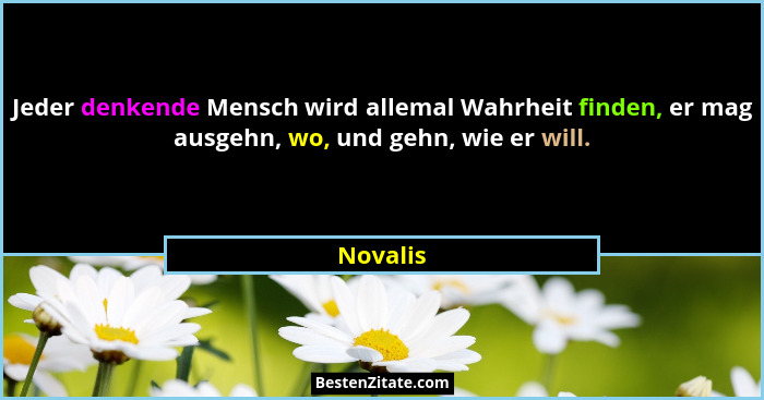 Jeder denkende Mensch wird allemal Wahrheit finden, er mag ausgehn, wo, und gehn, wie er will.... - Novalis