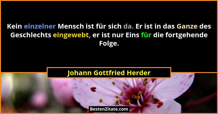 Kein einzelner Mensch ist für sich da. Er ist in das Ganze des Geschlechts eingewebt, er ist nur Eins für die fortgehende Fo... - Johann Gottfried Herder