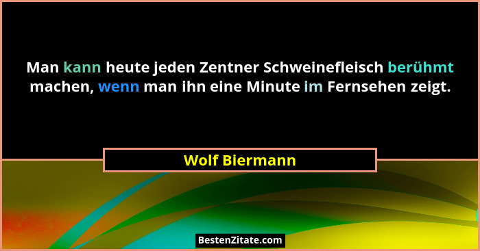 Man kann heute jeden Zentner Schweinefleisch berühmt machen, wenn man ihn eine Minute im Fernsehen zeigt.... - Wolf Biermann