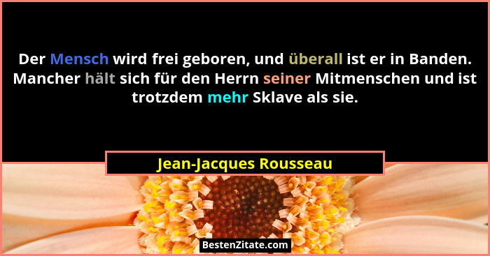 Der Mensch wird frei geboren, und überall ist er in Banden. Mancher hält sich für den Herrn seiner Mitmenschen und ist trotzde... - Jean-Jacques Rousseau
