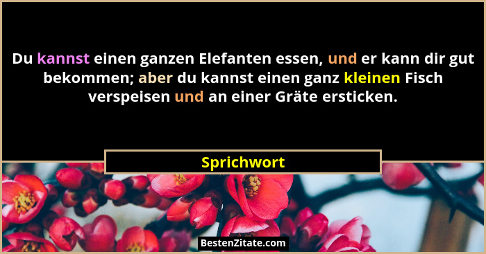 Du kannst einen ganzen Elefanten essen, und er kann dir gut bekommen; aber du kannst einen ganz kleinen Fisch verspeisen und an einer Grä... - Sprichwort
