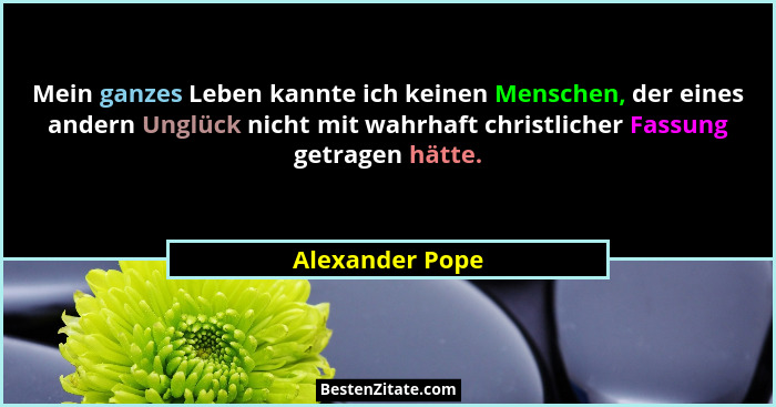 Mein ganzes Leben kannte ich keinen Menschen, der eines andern Unglück nicht mit wahrhaft christlicher Fassung getragen hätte.... - Alexander Pope