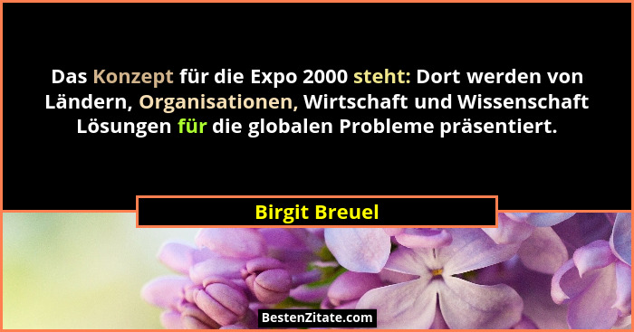 Das Konzept für die Expo 2000 steht: Dort werden von Ländern, Organisationen, Wirtschaft und Wissenschaft Lösungen für die globalen Pr... - Birgit Breuel