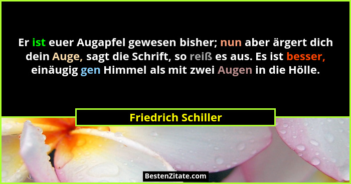 Er ist euer Augapfel gewesen bisher; nun aber ärgert dich dein Auge, sagt die Schrift, so reiß es aus. Es ist besser, einäugig ge... - Friedrich Schiller