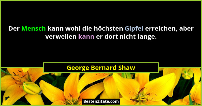 Der Mensch kann wohl die höchsten Gipfel erreichen, aber verweilen kann er dort nicht lange.... - George Bernard Shaw