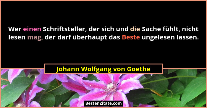 Wer einen Schriftsteller, der sich und die Sache fühlt, nicht lesen mag, der darf überhaupt das Beste ungelesen lassen.... - Johann Wolfgang von Goethe