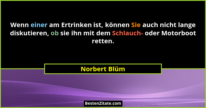 Wenn einer am Ertrinken ist, können Sie auch nicht lange diskutieren, ob sie ihn mit dem Schlauch- oder Motorboot retten.... - Norbert Blüm