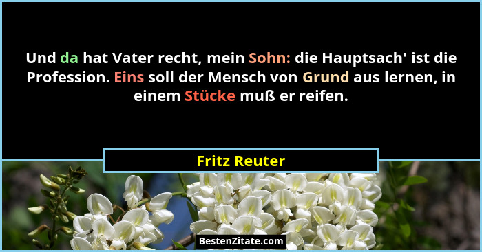 Und da hat Vater recht, mein Sohn: die Hauptsach' ist die Profession. Eins soll der Mensch von Grund aus lernen, in einem Stücke mu... - Fritz Reuter