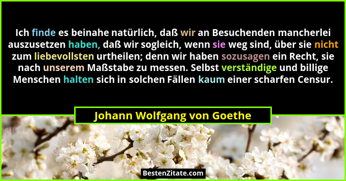 Ich finde es beinahe natürlich, daß wir an Besuchenden mancherlei auszusetzen haben, daß wir sogleich, wenn sie weg sind,... - Johann Wolfgang von Goethe
