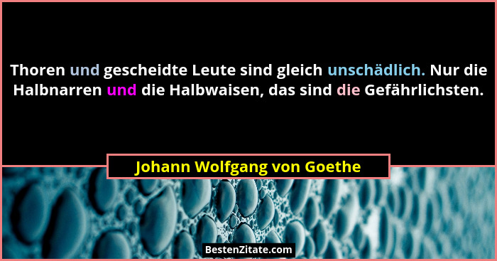 Thoren und gescheidte Leute sind gleich unschädlich. Nur die Halbnarren und die Halbwaisen, das sind die Gefährlichsten.... - Johann Wolfgang von Goethe