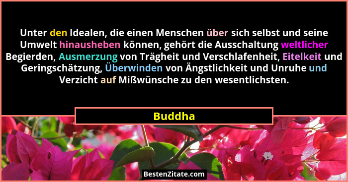 Unter den Idealen, die einen Menschen über sich selbst und seine Umwelt hinausheben können, gehört die Ausschaltung weltlicher Begierden, Aus... - Buddha