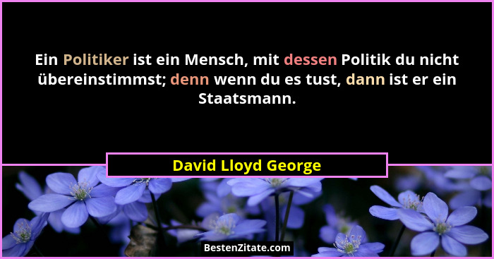 Ein Politiker ist ein Mensch, mit dessen Politik du nicht übereinstimmst; denn wenn du es tust, dann ist er ein Staatsmann.... - David Lloyd George
