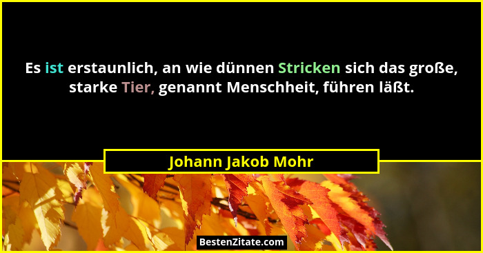 Es ist erstaunlich, an wie dünnen Stricken sich das große, starke Tier, genannt Menschheit, führen läßt.... - Johann Jakob Mohr