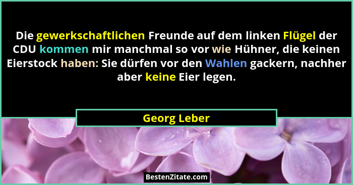 Die gewerkschaftlichen Freunde auf dem linken Flügel der CDU kommen mir manchmal so vor wie Hühner, die keinen Eierstock haben: Sie dürf... - Georg Leber