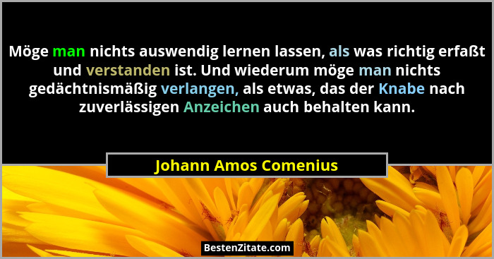 Möge man nichts auswendig lernen lassen, als was richtig erfaßt und verstanden ist. Und wiederum möge man nichts gedächtnismäßi... - Johann Amos Comenius