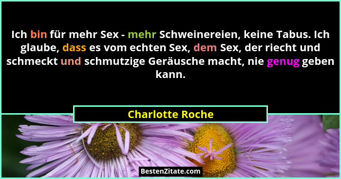 Ich bin für mehr Sex - mehr Schweinereien, keine Tabus. Ich glaube, dass es vom echten Sex, dem Sex, der riecht und schmeckt und sch... - Charlotte Roche