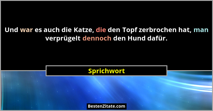 Und war es auch die Katze, die den Topf zerbrochen hat, man verprügelt dennoch den Hund dafür.... - Sprichwort