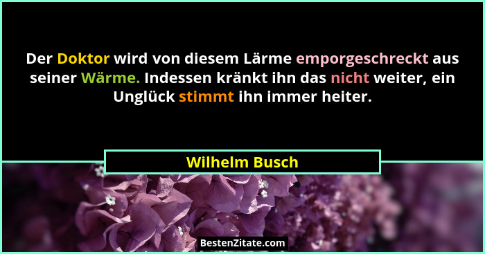 Der Doktor wird von diesem Lärme emporgeschreckt aus seiner Wärme. Indessen kränkt ihn das nicht weiter, ein Unglück stimmt ihn immer... - Wilhelm Busch