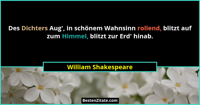 Des Dichters Aug', in schönem Wahnsinn rollend, blitzt auf zum Himmel, blitzt zur Erd' hinab.... - William Shakespeare