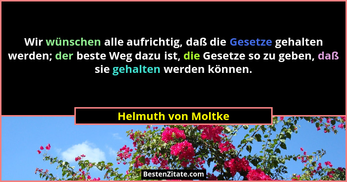 Wir wünschen alle aufrichtig, daß die Gesetze gehalten werden; der beste Weg dazu ist, die Gesetze so zu geben, daß sie gehalten... - Helmuth von Moltke