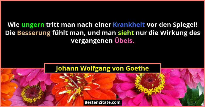 Wie ungern tritt man nach einer Krankheit vor den Spiegel! Die Besserung fühlt man, und man sieht nur die Wirkung des ver... - Johann Wolfgang von Goethe