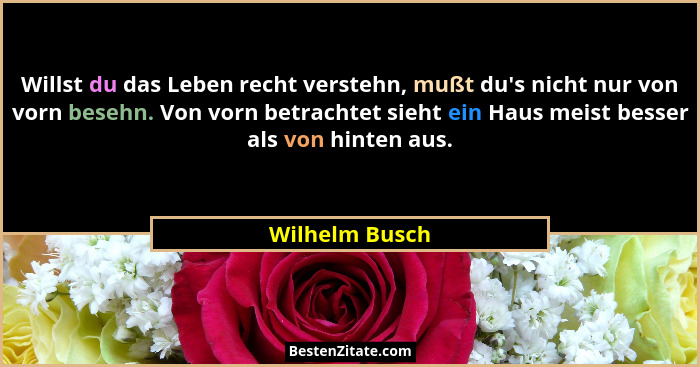 Willst du das Leben recht verstehn, mußt du's nicht nur von vorn besehn. Von vorn betrachtet sieht ein Haus meist besser als von h... - Wilhelm Busch