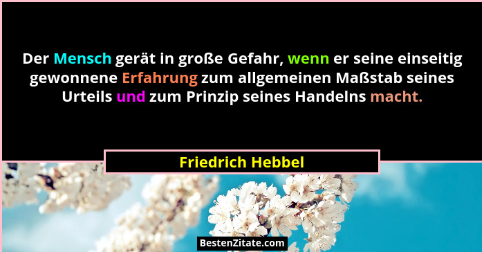 Der Mensch gerät in große Gefahr, wenn er seine einseitig gewonnene Erfahrung zum allgemeinen Maßstab seines Urteils und zum Prinzi... - Friedrich Hebbel