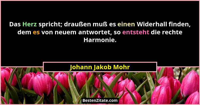 Das Herz spricht; draußen muß es einen Widerhall finden, dem es von neuem antwortet, so entsteht die rechte Harmonie.... - Johann Jakob Mohr