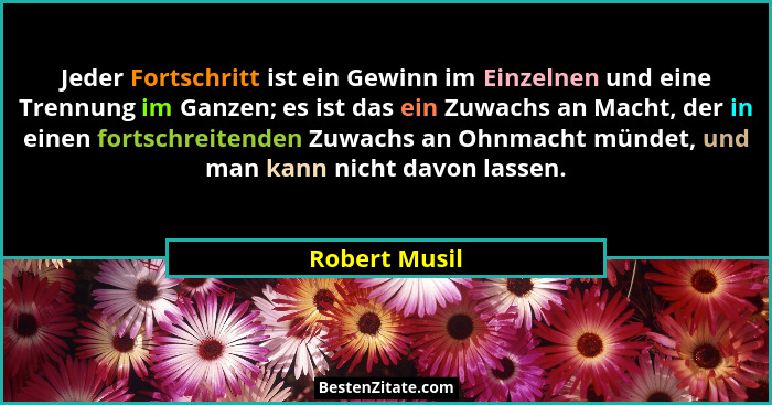 Jeder Fortschritt ist ein Gewinn im Einzelnen und eine Trennung im Ganzen; es ist das ein Zuwachs an Macht, der in einen fortschreitend... - Robert Musil