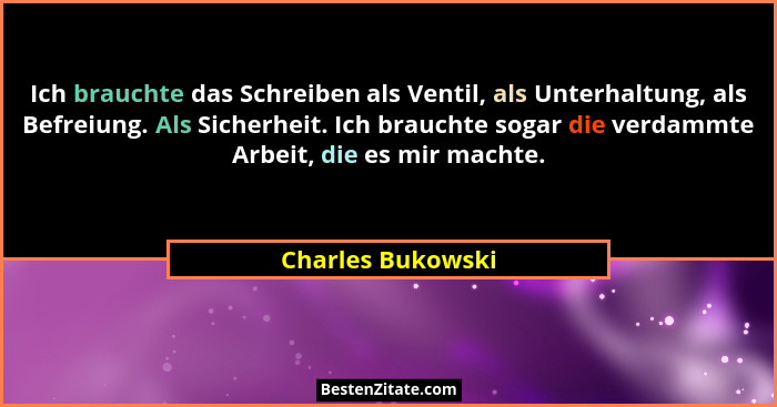 Ich brauchte das Schreiben als Ventil, als Unterhaltung, als Befreiung. Als Sicherheit. Ich brauchte sogar die verdammte Arbeit, di... - Charles Bukowski