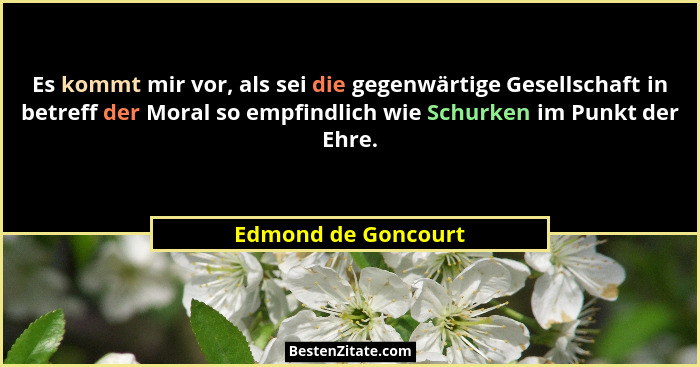 Es kommt mir vor, als sei die gegenwärtige Gesellschaft in betreff der Moral so empfindlich wie Schurken im Punkt der Ehre.... - Edmond de Goncourt