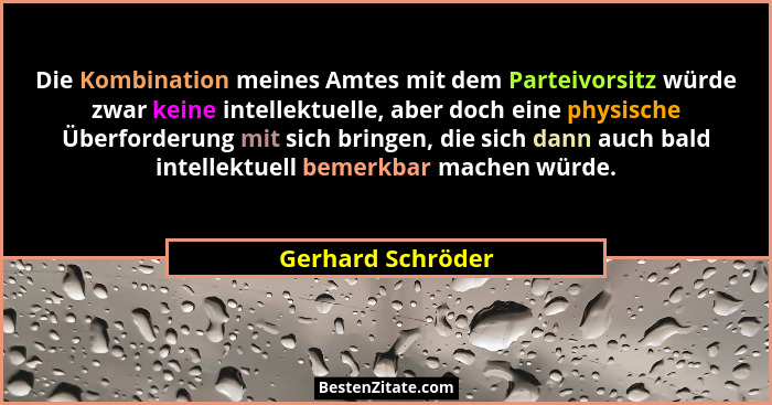 Die Kombination meines Amtes mit dem Parteivorsitz würde zwar keine intellektuelle, aber doch eine physische Überforderung mit sich... - Gerhard Schröder