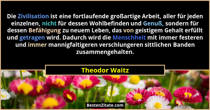Die Zivilisation ist eine fortlaufende großartige Arbeit, aller für jeden einzelnen, nicht für dessen Wohlbefinden und Genuß, sondern... - Theodor Waitz