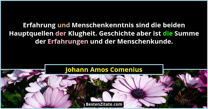 Erfahrung und Menschenkenntnis sind die beiden Hauptquellen der Klugheit. Geschichte aber ist die Summe der Erfahrungen und der... - Johann Amos Comenius
