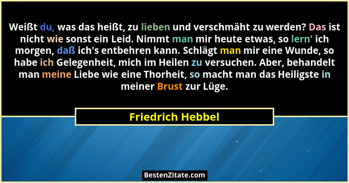 Weißt du, was das heißt, zu lieben und verschmäht zu werden? Das ist nicht wie sonst ein Leid. Nimmt man mir heute etwas, so lern&#... - Friedrich Hebbel