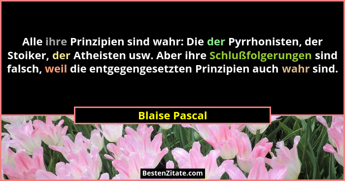 Alle ihre Prinzipien sind wahr: Die der Pyrrhonisten, der Stoiker, der Atheisten usw. Aber ihre Schlußfolgerungen sind falsch, weil di... - Blaise Pascal