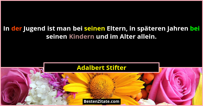 In der Jugend ist man bei seinen Eltern, in späteren Jahren bei seinen Kindern und im Alter allein.... - Adalbert Stifter