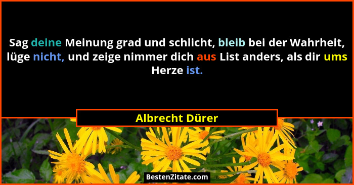 Sag deine Meinung grad und schlicht, bleib bei der Wahrheit, lüge nicht, und zeige nimmer dich aus List anders, als dir ums Herze ist... - Albrecht Dürer