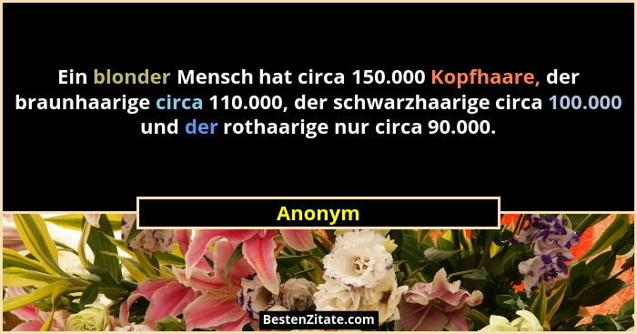 Ein blonder Mensch hat circa 150.000 Kopfhaare, der braunhaarige circa 110.000, der schwarzhaarige circa 100.000 und der rothaarige nur circa... - Anonym