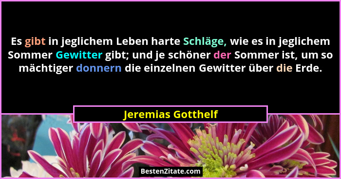 Es gibt in jeglichem Leben harte Schläge, wie es in jeglichem Sommer Gewitter gibt; und je schöner der Sommer ist, um so mächtiger... - Jeremias Gotthelf