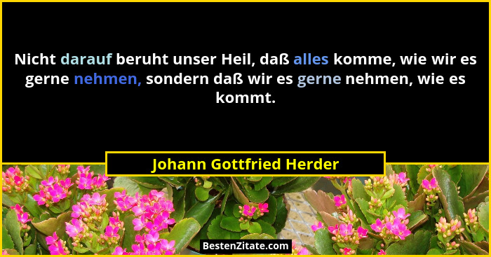 Nicht darauf beruht unser Heil, daß alles komme, wie wir es gerne nehmen, sondern daß wir es gerne nehmen, wie es kommt.... - Johann Gottfried Herder