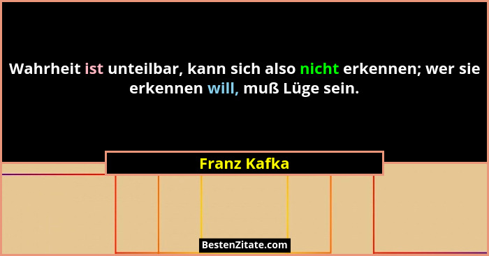 Wahrheit ist unteilbar, kann sich also nicht erkennen; wer sie erkennen will, muß Lüge sein.... - Franz Kafka