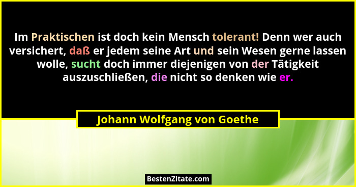 Im Praktischen ist doch kein Mensch tolerant! Denn wer auch versichert, daß er jedem seine Art und sein Wesen gerne lasse... - Johann Wolfgang von Goethe