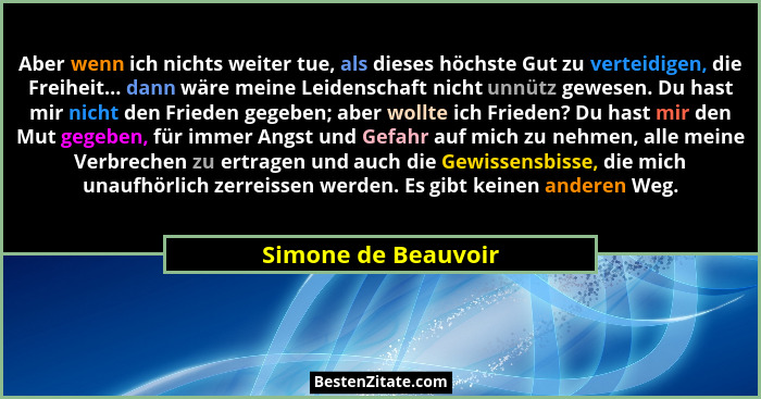 Aber wenn ich nichts weiter tue, als dieses höchste Gut zu verteidigen, die Freiheit... dann wäre meine Leidenschaft nicht unnütz... - Simone de Beauvoir
