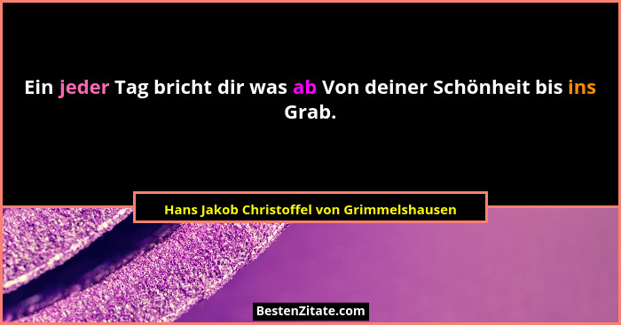Ein jeder Tag bricht dir was ab Von deiner Schönheit bis ins Grab.... - Hans Jakob Christoffel von Grimmelshausen