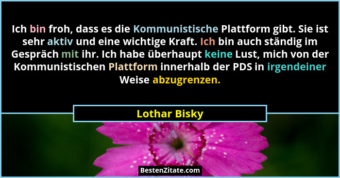 Ich bin froh, dass es die Kommunistische Plattform gibt. Sie ist sehr aktiv und eine wichtige Kraft. Ich bin auch ständig im Gespräch m... - Lothar Bisky