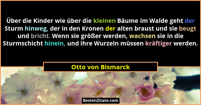 Über die Kinder wie über die kleinen Bäume im Walde geht der Sturm hinweg, der in den Kronen der alten braust und sie beugt und br... - Otto von Bismarck